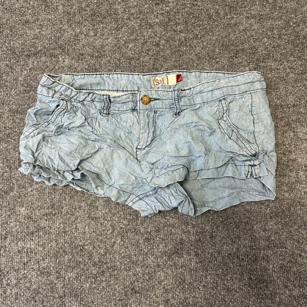 SO Shorts Womens Size 7 Blue Cotton Casual Light Wash Low Rise Pockets Stained